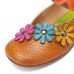 SOCOFY Flowers Decor Dot Printed Cowhide Leather Retro Ankle Strap Hook Loop Comfy Casual Flat Shoes