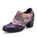  Women Retro Floral Printing Leather Splicing Soft Comfy Sculpted Chunky Heels