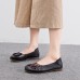 Women Vintage Floral Round Toe Genuine Leather Soft Sole Slip On Comfy Flats