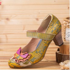 SOCOFY Butterfly Deocr Printed Cowhide Leather Hook Loop Comfy Wearable Chunky Heel Pumps