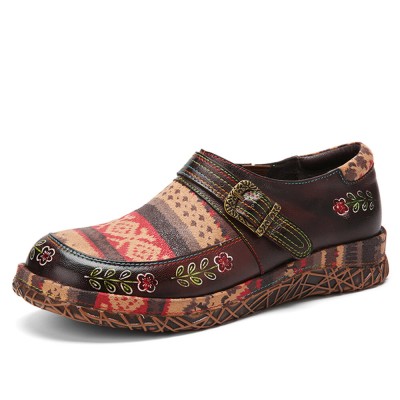  Genuine Leather Handmade Patchwork Comfy Retro Ethnic Pattern Flat Shoes