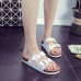 Women Beach Printing Soft Dual Strap Flat Cork Slippers Sandalss